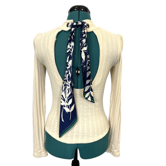 Free People Party in the Back Top Ribbed Knit Open Back w/ Scarf Tie Ivory Small - Picture 4 of 9